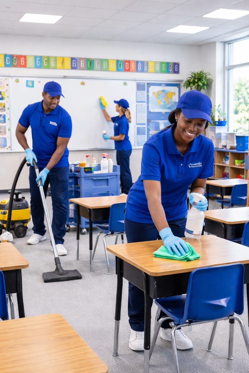 CleanPro Profession Cleaning & Fumigation cleaning team at work in a classroom