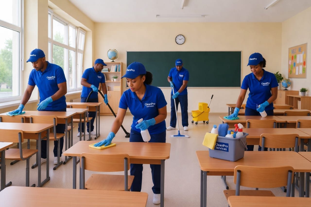 CLEANPRO team cleaning a school classroom