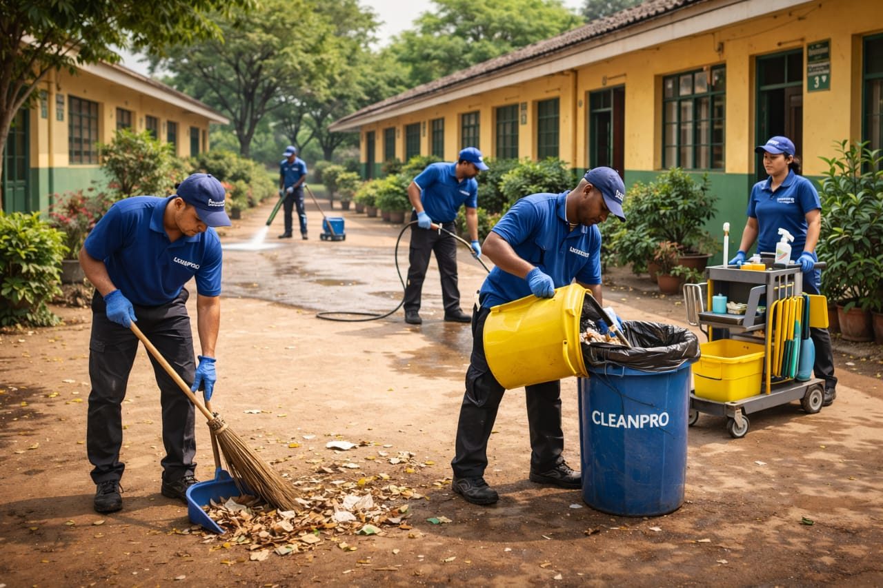 CLEANPRO team cleaning a school compound